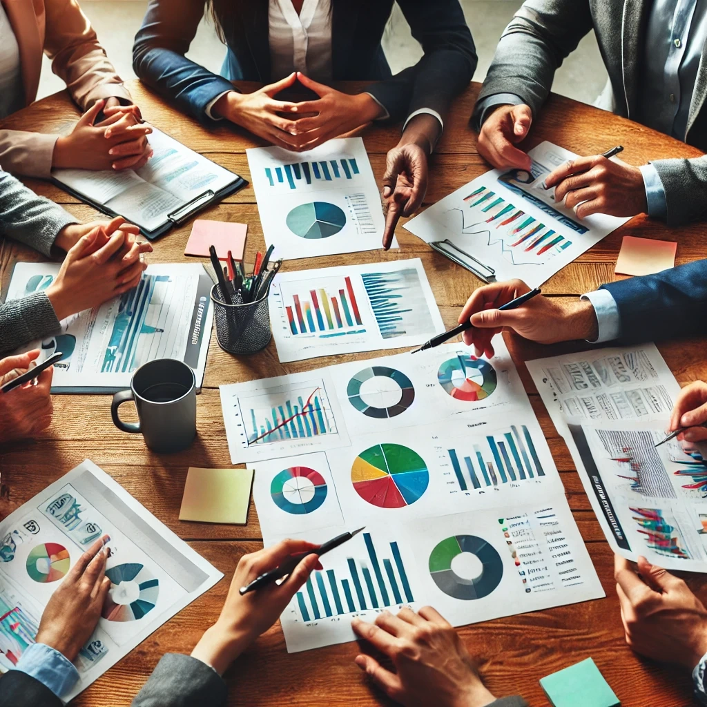 Group of financial analysts discussing stock trends